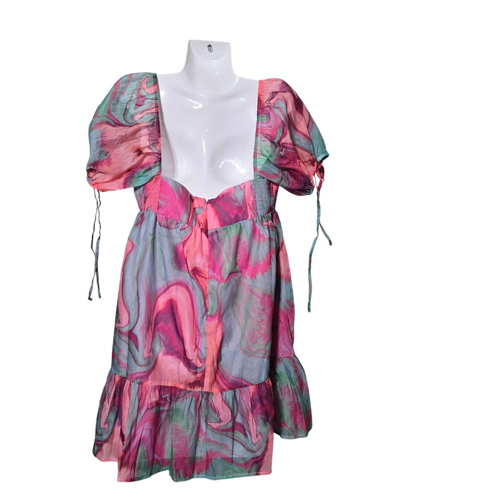 Amanda Richardson Pink Floral Babydoll Dress L Puff Sleeve Tie Front CottageCore - Picture 6 of 13